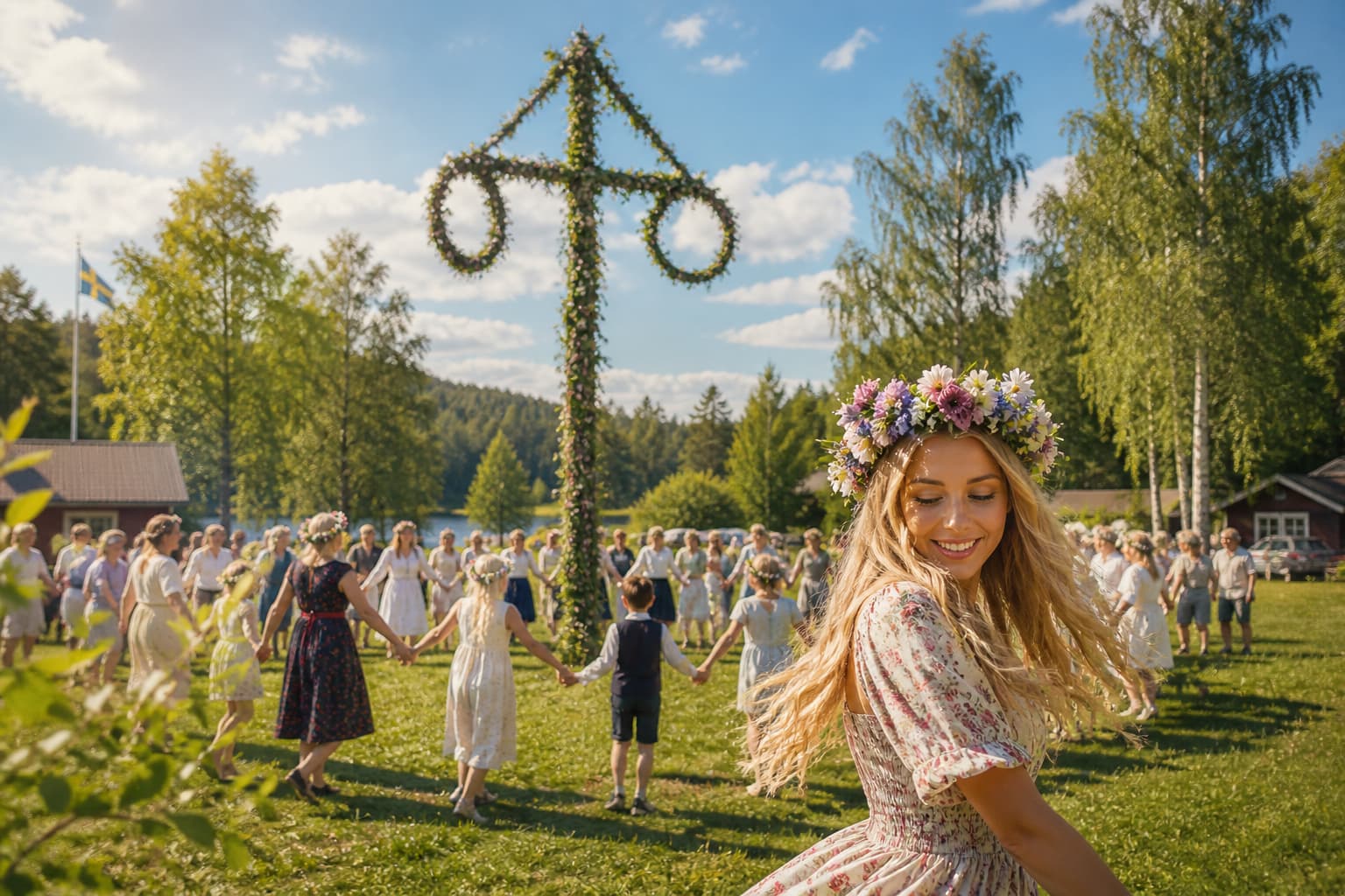 Midsommar pole decorated with flowers in Stockholm with people dancing around it